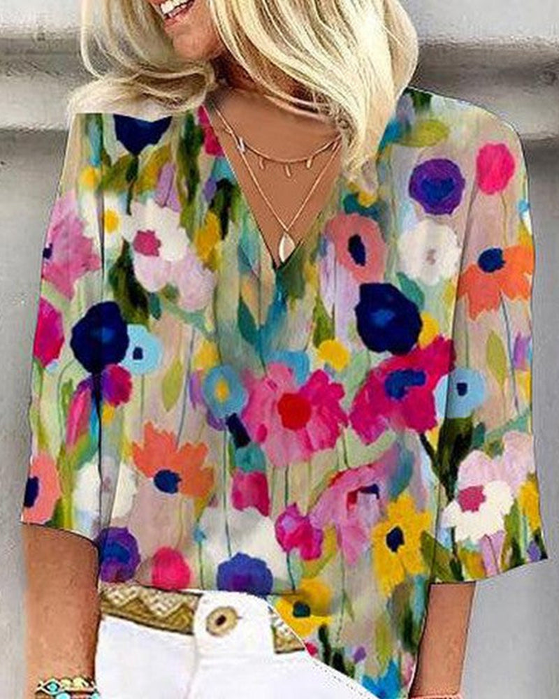CD | Bluză casual colorată cu imprimeu floral, decolteu în V și mâneci trei sferturi