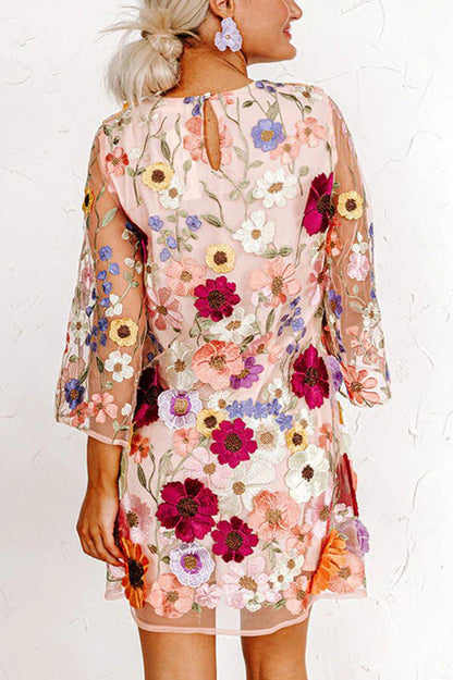 CD | Dahlia Dreaming brodate florale Appliqué jumătate maneca Mini rochie