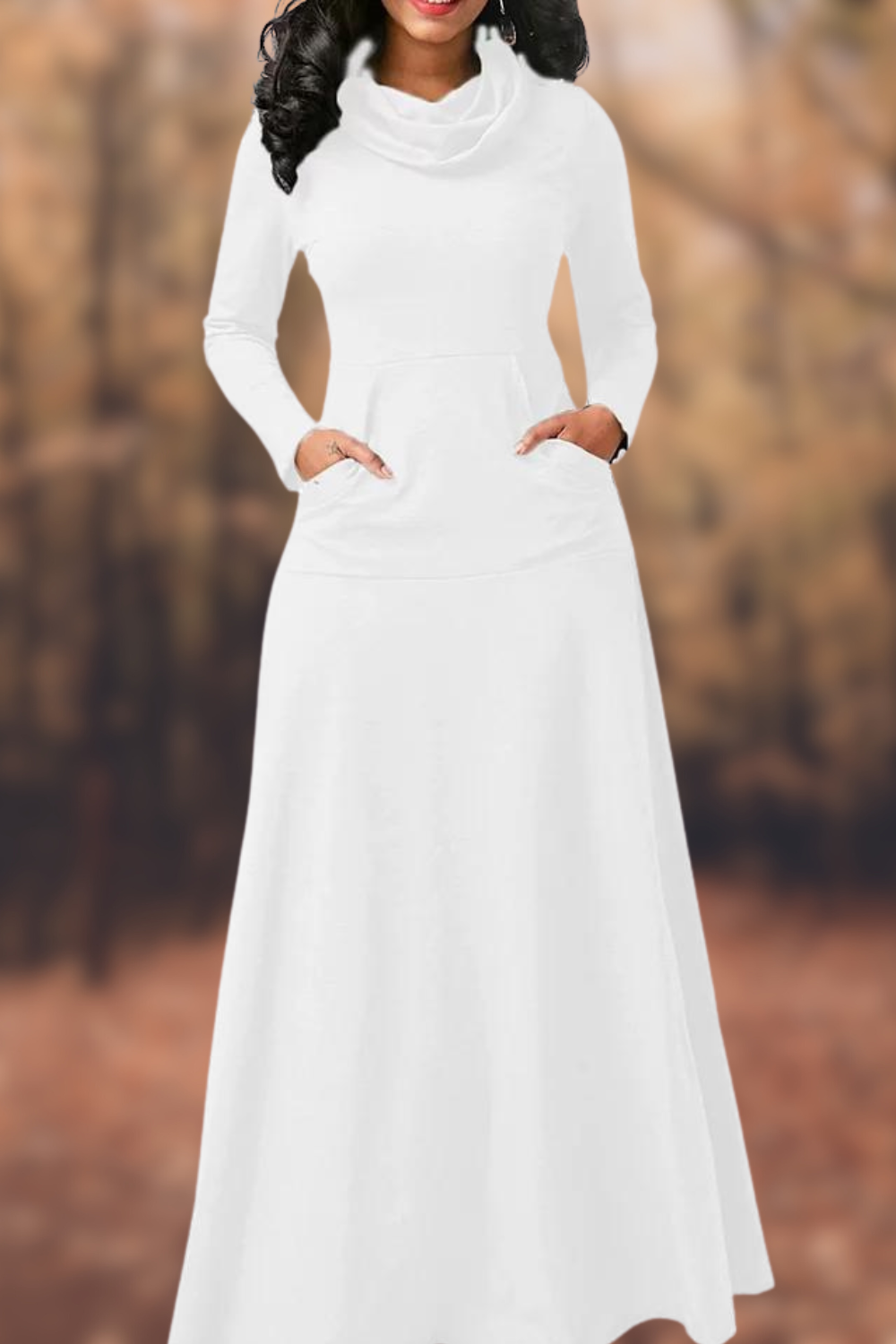 CD | Rochie maxi casual cu mânecă lungă, decolteu rotund și buzunar