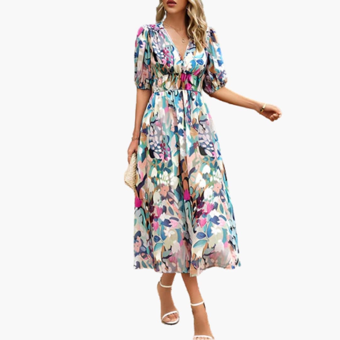 CD | Rochie midi de vară pentru femei cu imprimeu floral și mâneci lanternă