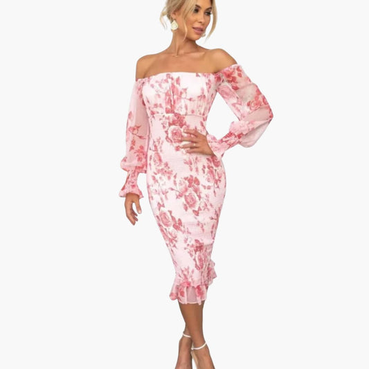 CD | Rochie midi de vară pentru femei cu imprimeu floral și mâneci transparente