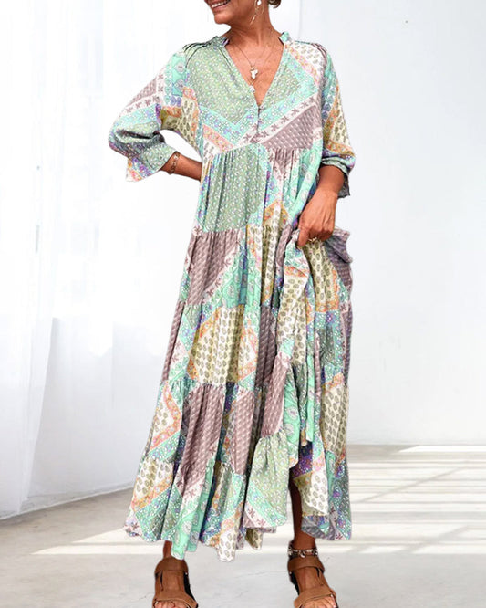 CD | Rochie maxi colorată cu imprimeu colorblock și mâneci 3/4