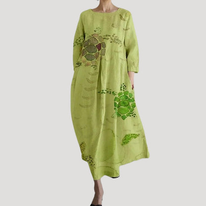 CD | Rochie midi de vară din in cu mâneci lungi