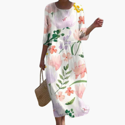 CD | Rochie midi floral pentru femei cu mâneci 3/4 pentru vară