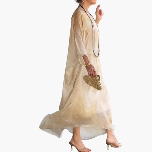 CD | Rochie maxi pentru femei din șifon de mătase cu mâneci batwing și suprapunere