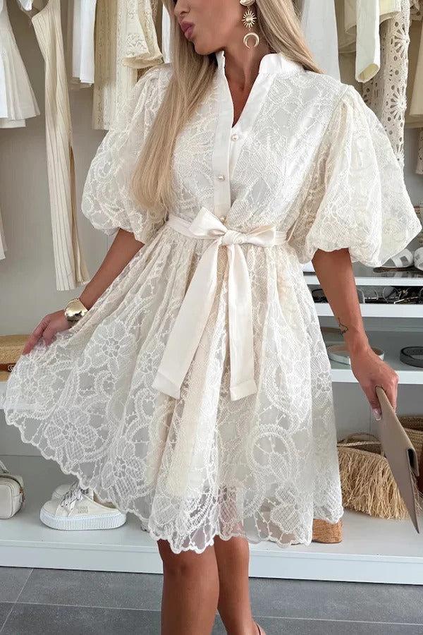 CD | Vara Romantic broderie dantelă Puff mâneci buton Tie Mini rochie