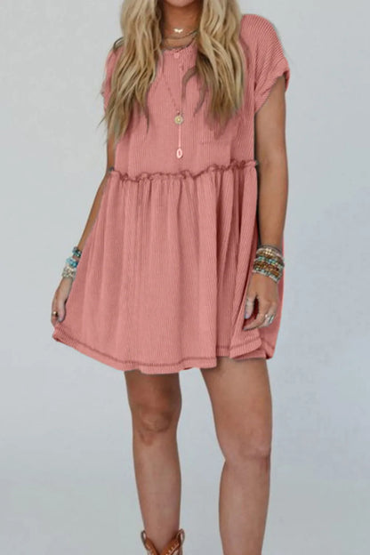 CD | Corded Knit Texturat patch-uri buzunar Frilled Swing rochie mini cu buzunare