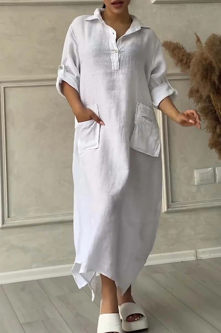 CD | Rochie maxi pentru femei din in și bumbac cu rever