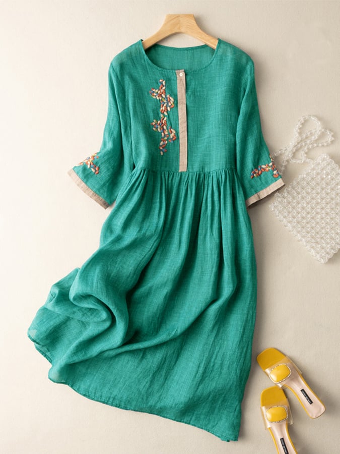 CD | Rochie midi din in cu broderie