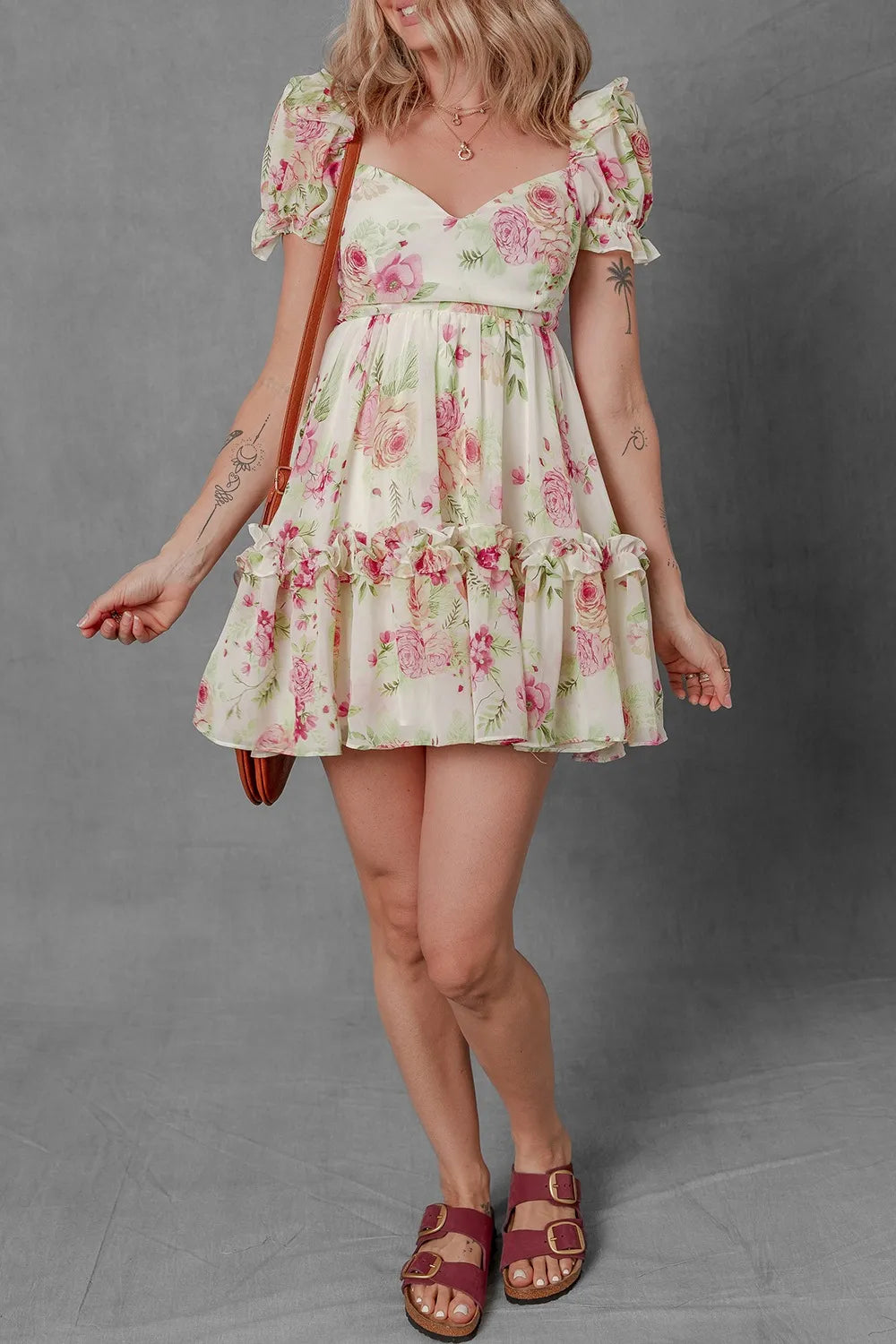 CD | Floral Bubble Sleeve Sweetheart gât Ruffle Mini rochie