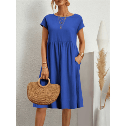 CD | Rochie midi cu mânecă scurtă din bumbac și in pentru femei