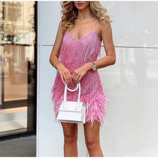 CD | Sexy Tassel paiete pană de vară Mini rochie Femei V-Neck Spaghete curea Stitching rochii Femei Elegant seara Party Club rochie