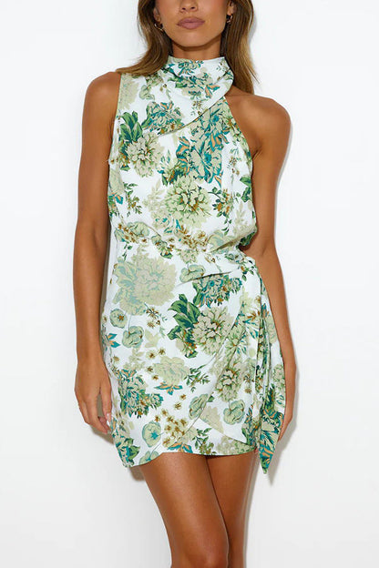 CD | Floral gât înalt Wrap Tie Mini rochie