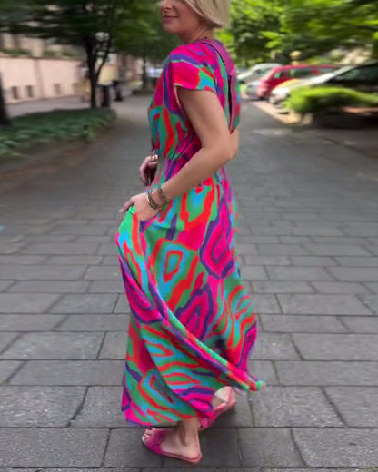 CD | Rochie lungă cu imprimeu colorat, decolteu în V și mâneci raglan