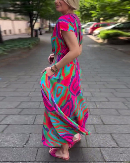 CD | Rochie lungă cu imprimeu colorat, decolteu în V și mâneci raglan