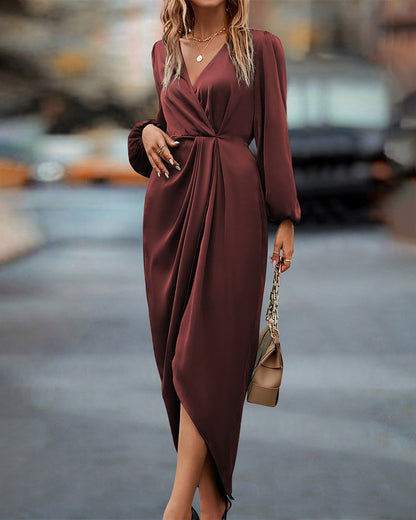 CD | Rochie wrap de culoare bordeaux cu mâneci balon pentru femei