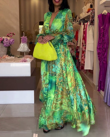 CD | Rochie lungă elegantă cu model imprimat și talie imperiu