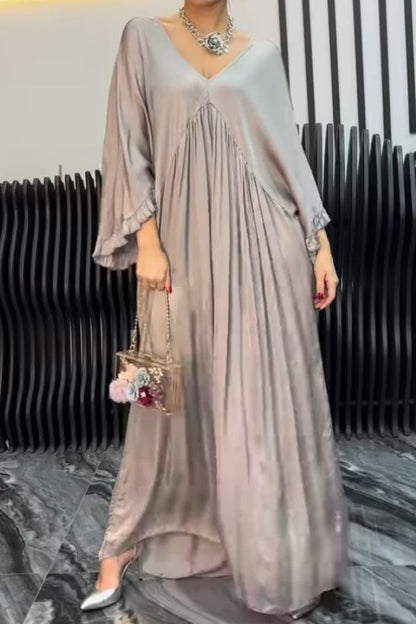 CD | satin culoare solidă v-neck frunze de lotus mâneci vrac plisat rochie maxi