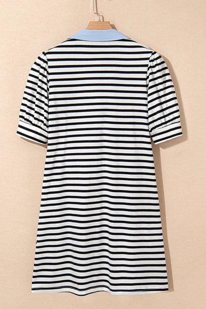 CD | Stripe Contrast V gât Collared Puff Sleeve T Shirt Mini rochie cu buzunare