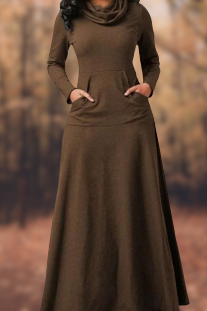CD | Rochie maxi casual cu mânecă lungă, decolteu rotund și buzunar