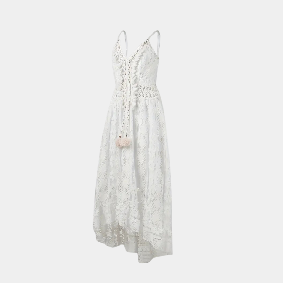 CD | Rochie midi pentru femei - Ținută relaxată - Detaliu dantelă - Decolteu în V - Stil boho - Material respirabil