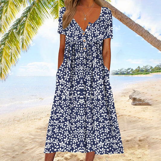 CD | Rochie midi casual cu model floral și mâneci scurte, perfectă pentru uzura zilnică