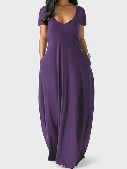CD | Rochie maxi pentru femei - Croială fluidă - Decolteu în V - Mâneci scurte - Lightweight cu buzunare
