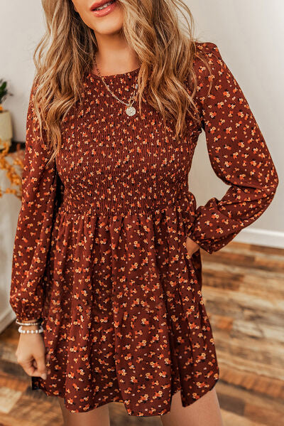 CD | Ditsy Floral Smocked Balloon Sleeve Mini Rochie