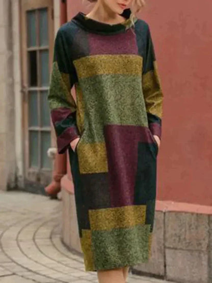 CD | Rochie midi patchwork cu mâneci lungi