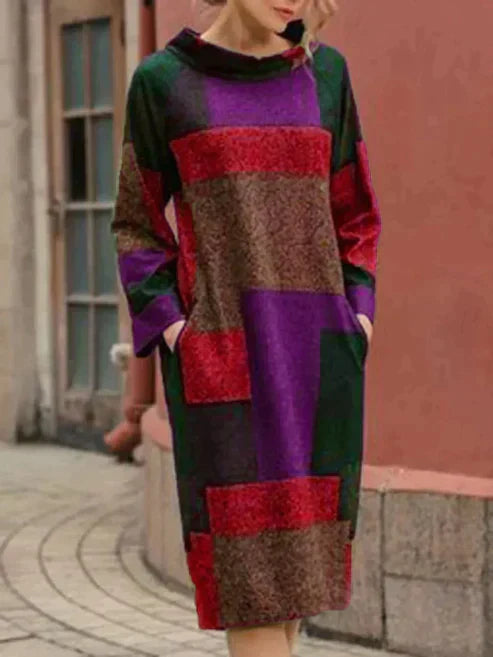CD | Rochie midi patchwork cu mâneci lungi