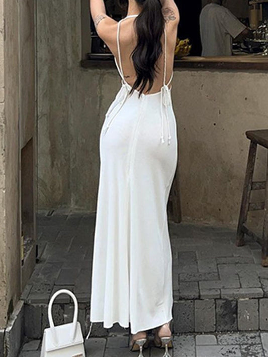CD | Rochie maxi bodycon albă cu dantelă și guler tip halterneck