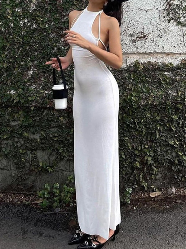 CD | Rochie maxi bodycon albă cu dantelă și guler tip halterneck