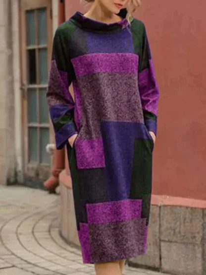 CD | Rochie midi patchwork cu mâneci lungi