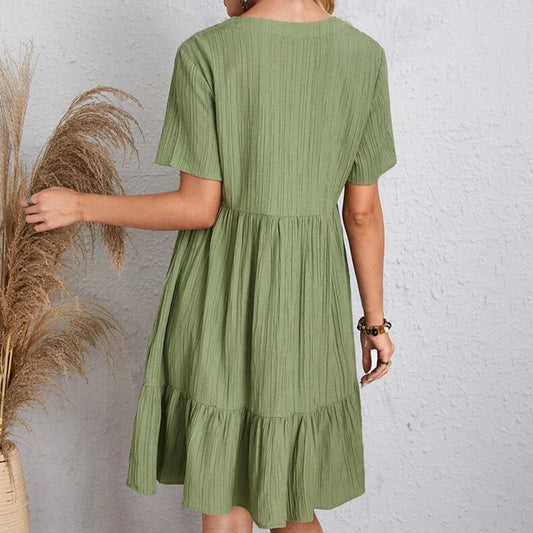 CD | Rochie de vară solidă Femei Casual Boemian V gât scurt maneca Ruffle vrac A Line Mini rochie pentru Elegant Beach Days