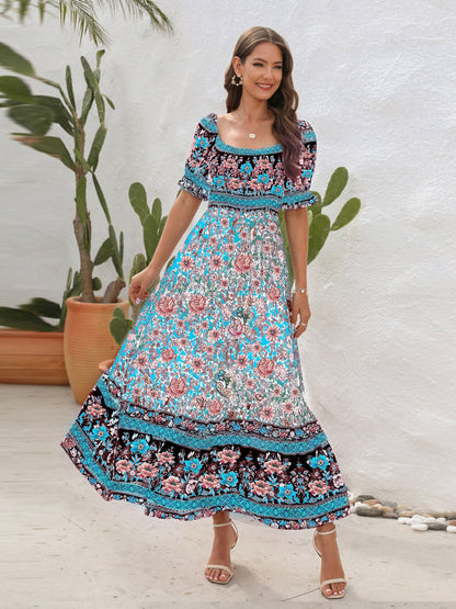 CD | Rochie maxi pentru femei - Smocked top - Mâneci bufante - Fantă laterală - Stil boem