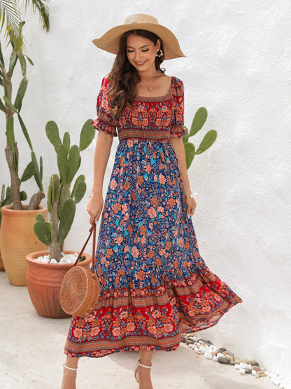 CD | Rochie maxi pentru femei - Smocked top - Mâneci bufante - Fantă laterală - Stil boem
