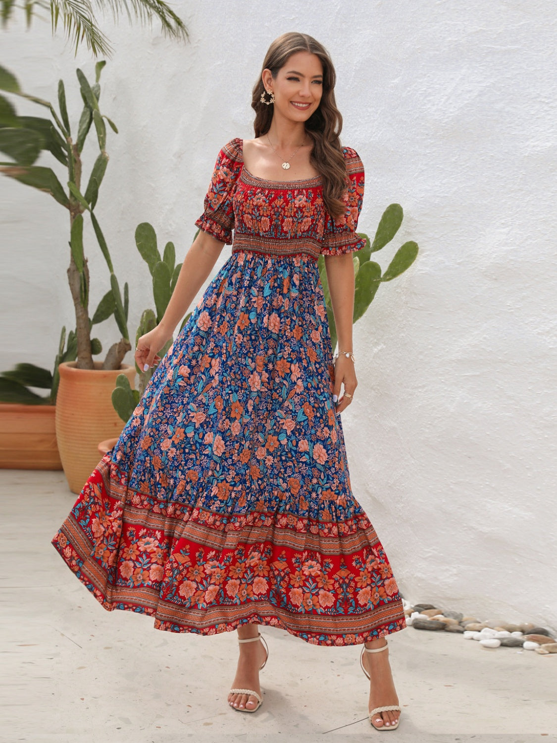 CD | Rochie maxi pentru femei - Smocked top - Mâneci bufante - Fantă laterală - Stil boem