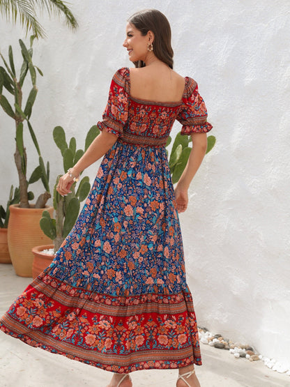 CD | Rochie maxi pentru femei - Smocked top - Mâneci bufante - Fantă laterală - Stil boem