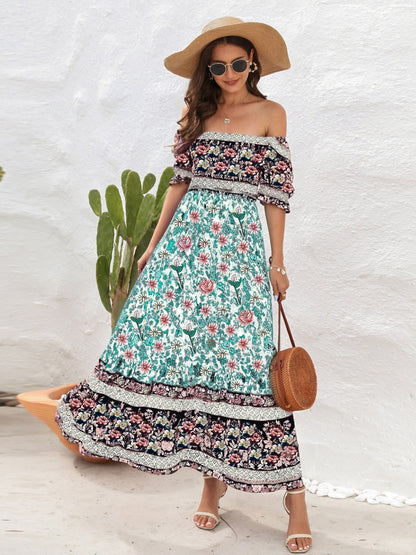 CD | Rochie maxi pentru femei - Smocked top - Mâneci bufante - Fantă laterală - Stil boem