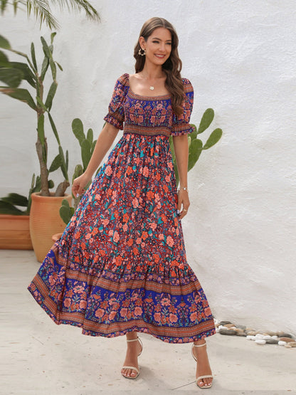 CD | Rochie maxi pentru femei - Smocked top - Mâneci bufante - Fantă laterală - Stil boem