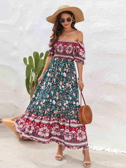 CD | Rochie maxi pentru femei - Smocked top - Mâneci bufante - Fantă laterală - Stil boem