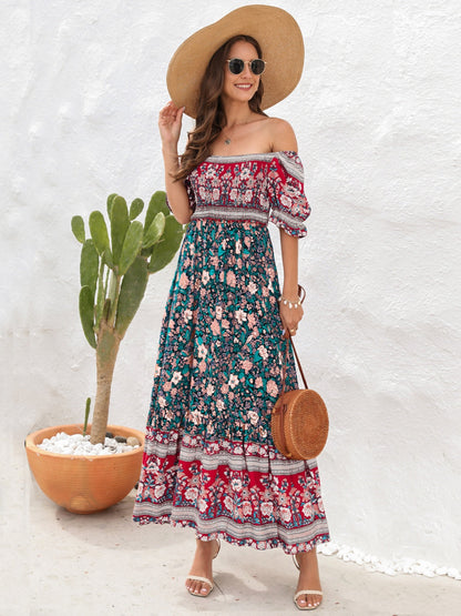 CD | Rochie maxi pentru femei - Smocked top - Mâneci bufante - Fantă laterală - Stil boem
