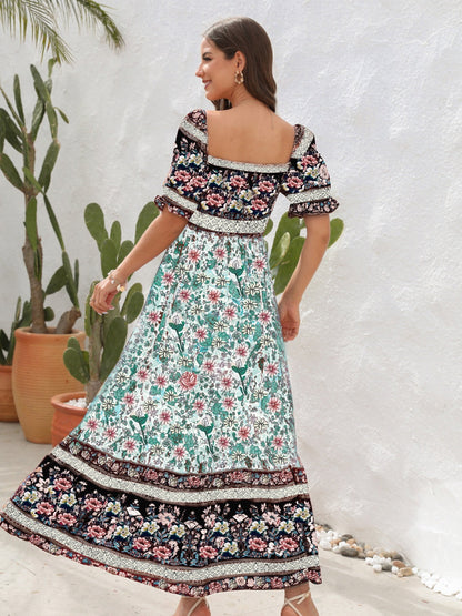 CD | Rochie maxi pentru femei - Smocked top - Mâneci bufante - Fantă laterală - Stil boem