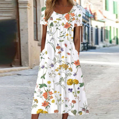 CD | Rochie midi pentru femei - A-line fit - imprimeu floral - mâneci scurte - amestec respirabil - buzunare
