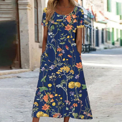 CD | Rochie midi pentru femei - A-line fit - imprimeu floral - mâneci scurte - amestec respirabil - buzunare