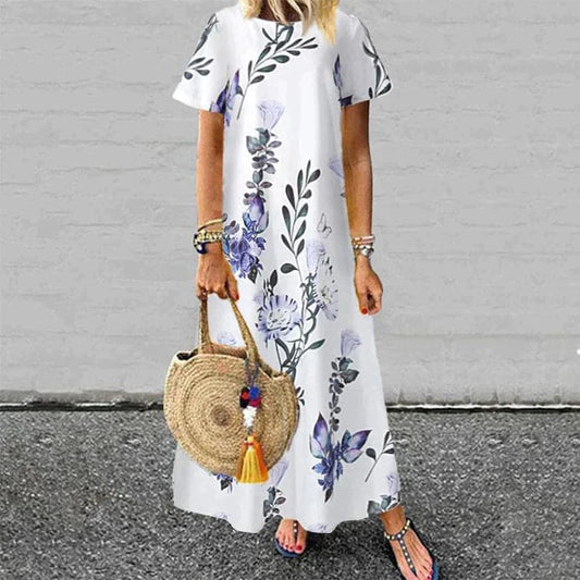 CD | Rochie maxi pentru femei - Ținută relaxată - Mâneci scurte - Fibre naturale - Imprimeu floral