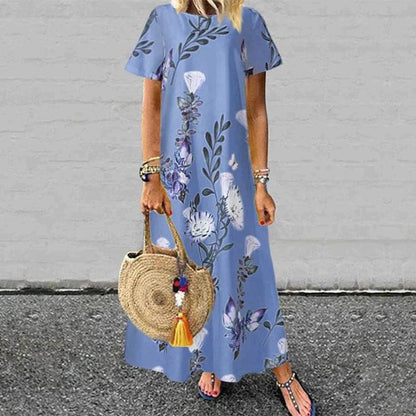 CD | Rochie maxi pentru femei - Ținută relaxată - Mâneci scurte - Fibre naturale - Imprimeu floral