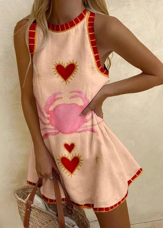 CD | Bohemian Print Linen A Line Mini Rochie fără mâneci