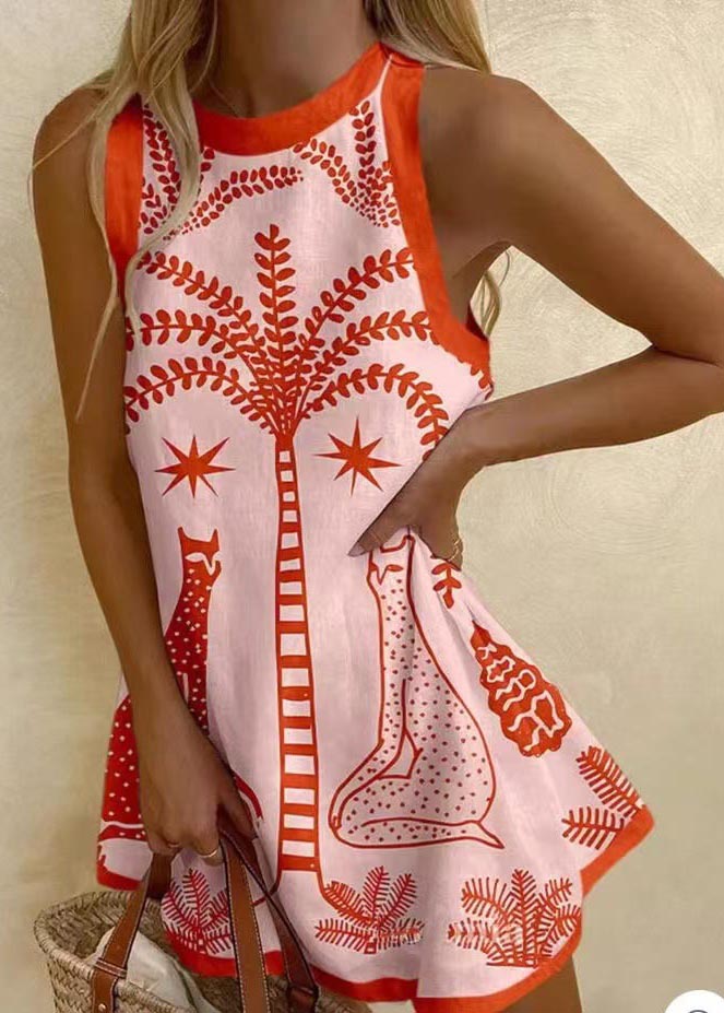 CD | Bohemian Print Linen A Line Mini Rochie fără mâneci
