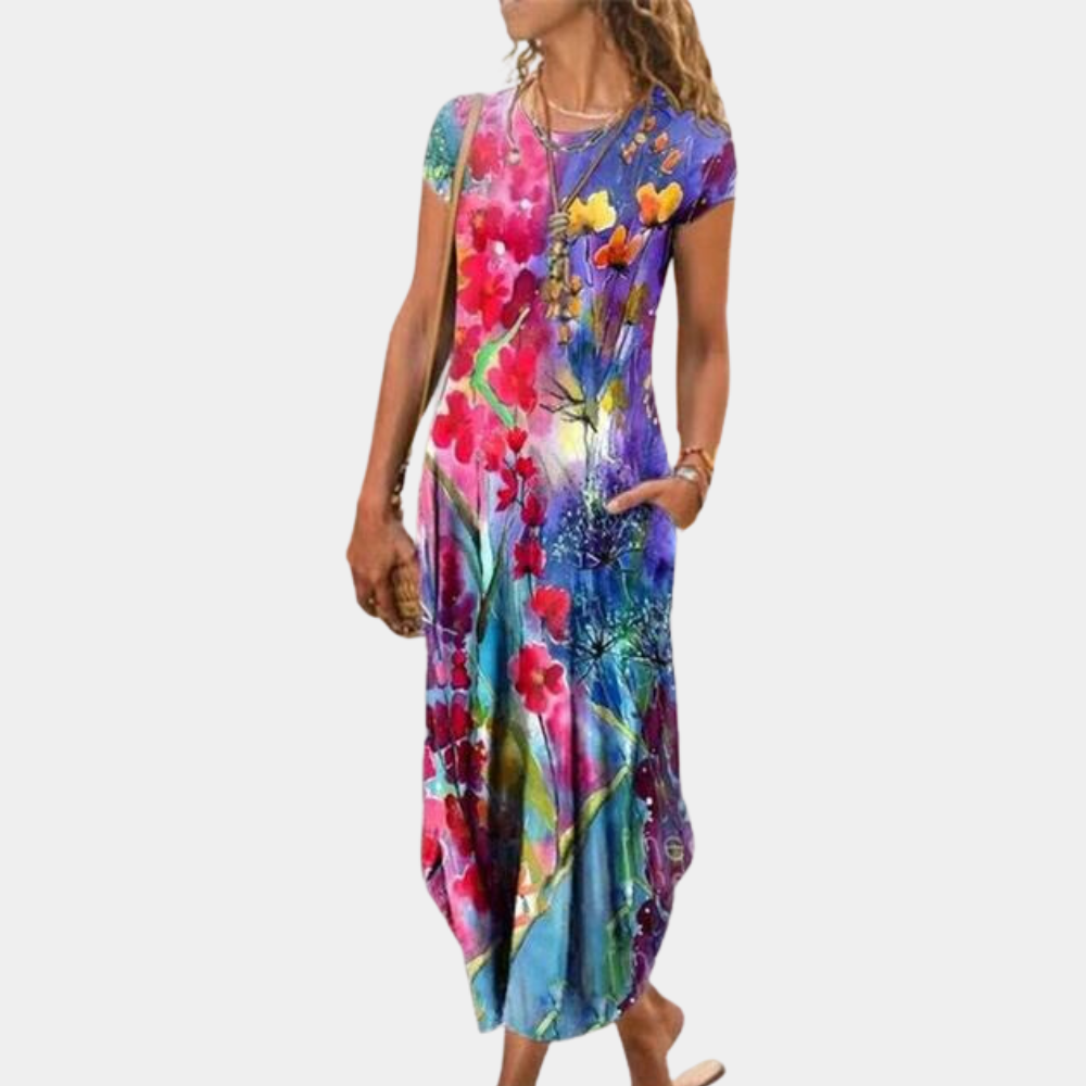 CD | Rochie midi pentru femei - Ținută relaxată - Mâneci scurte - Buzunare laterale - Amestec respirabil